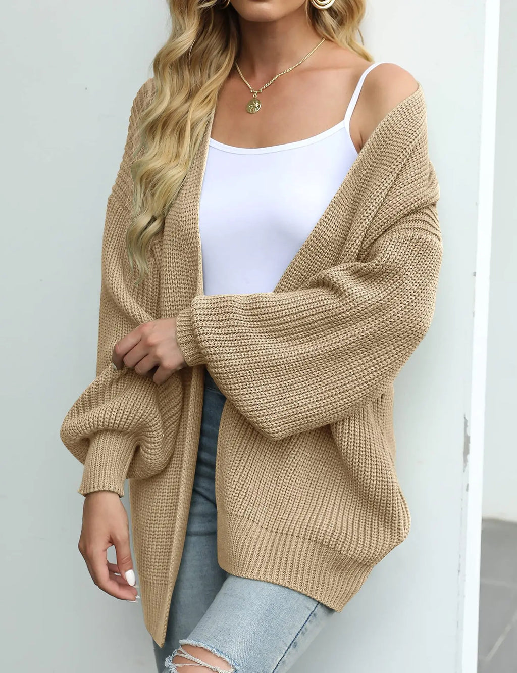 "Cozy Chic – Lantern Sleeve Knit Cardigan with Pockets for Effortless Autumn & Winter Style"