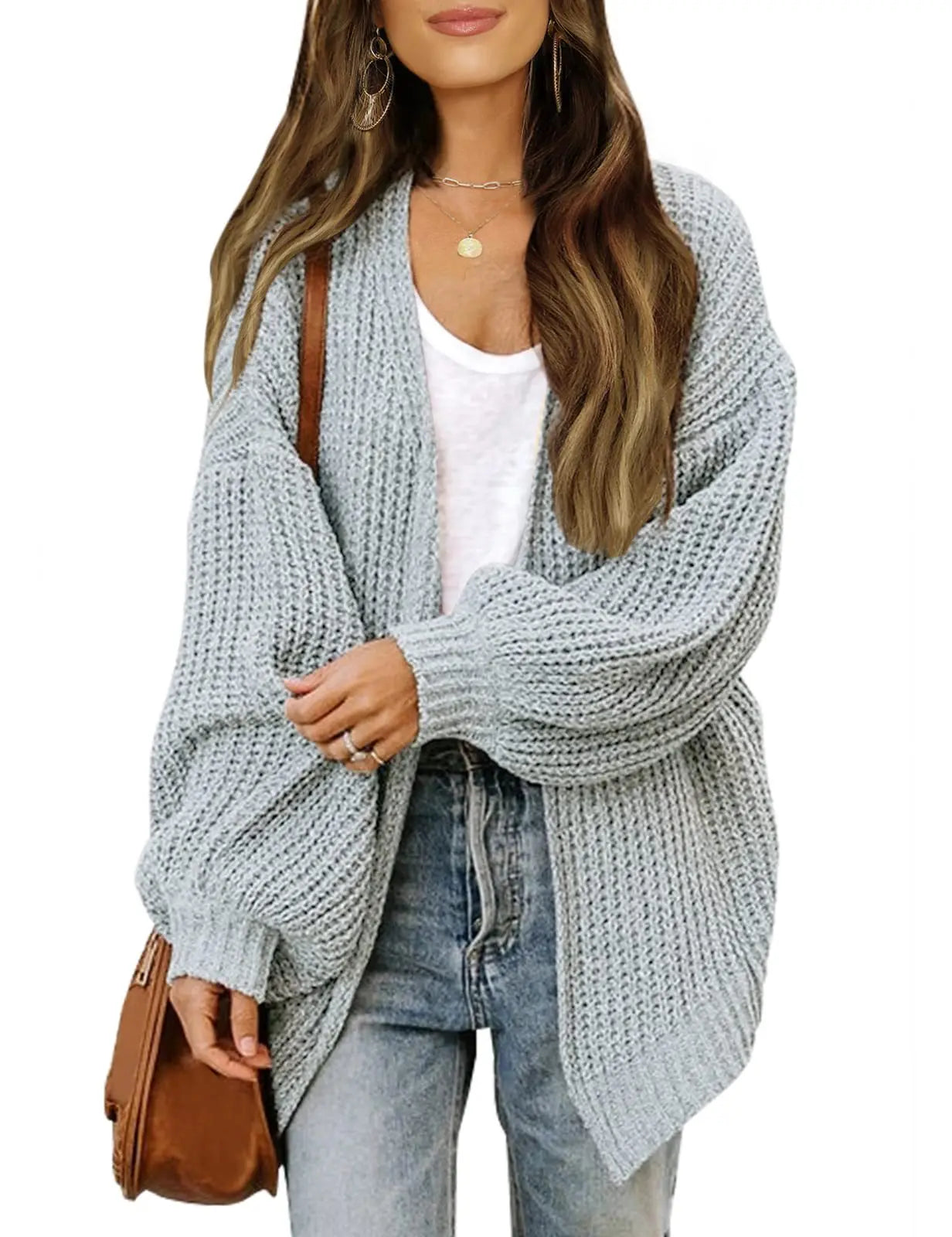 "Cozy Chic – Lantern Sleeve Knit Cardigan with Pockets for Effortless Autumn & Winter Style"