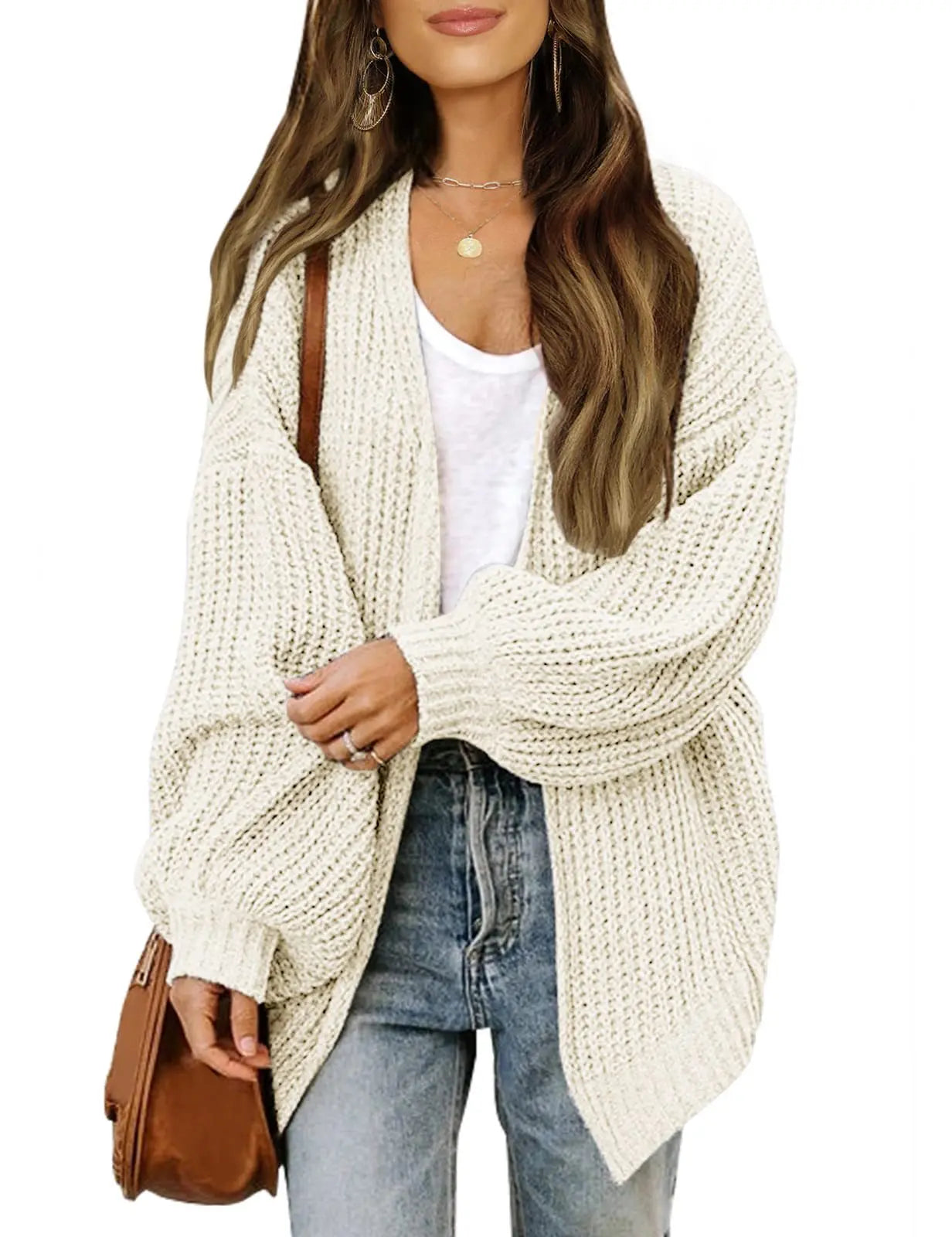 "Cozy Chic – Lantern Sleeve Knit Cardigan with Pockets for Effortless Autumn & Winter Style"