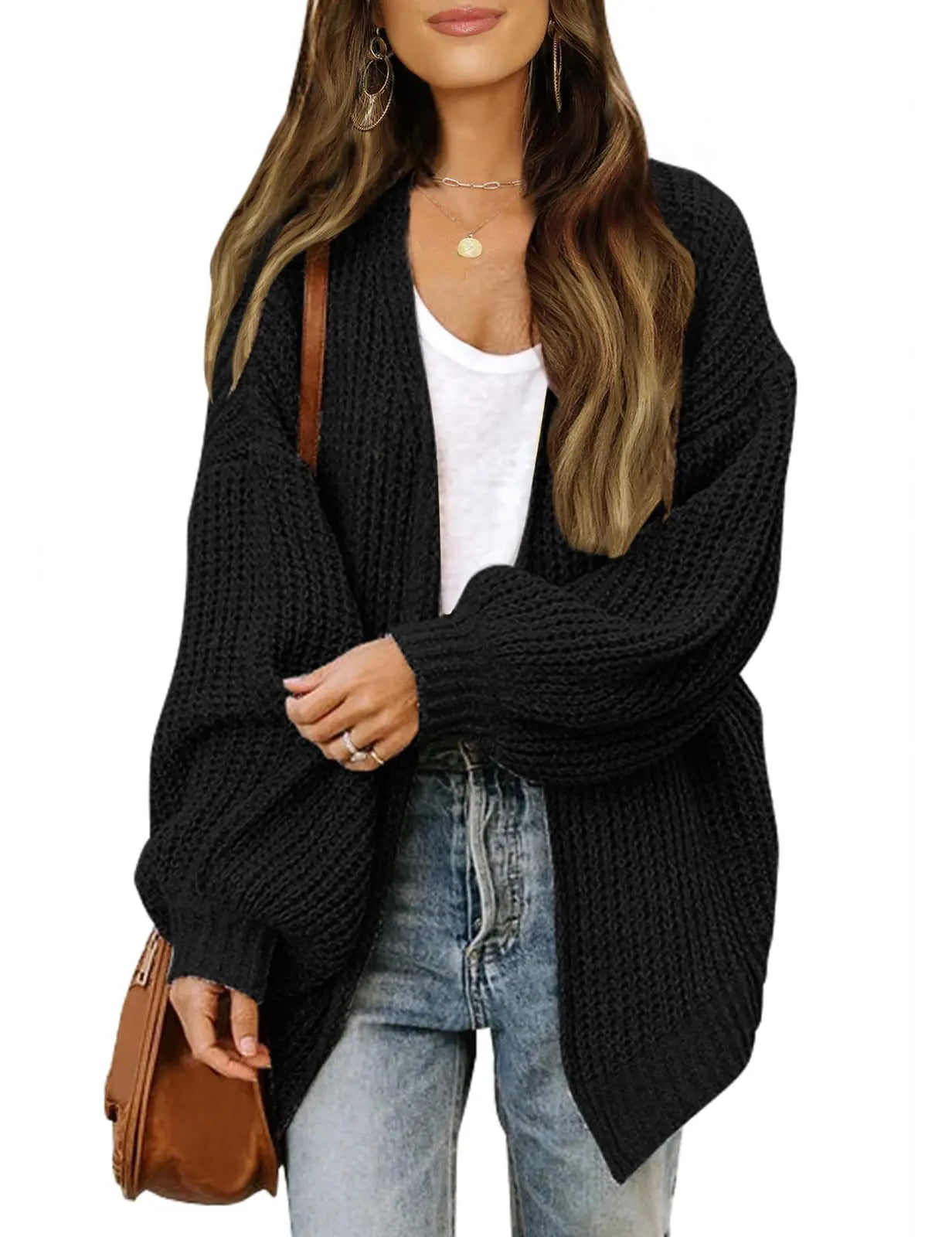 "Cozy Chic – Lantern Sleeve Knit Cardigan with Pockets for Effortless Autumn & Winter Style"